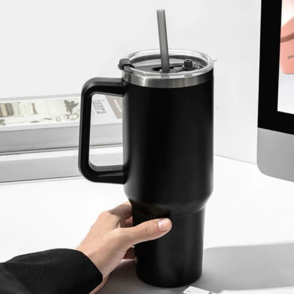 COPO TÉRMICO INOX 1200ML COM ALÇA TAMPA FLIP STRAW E CANUDO DE METAL