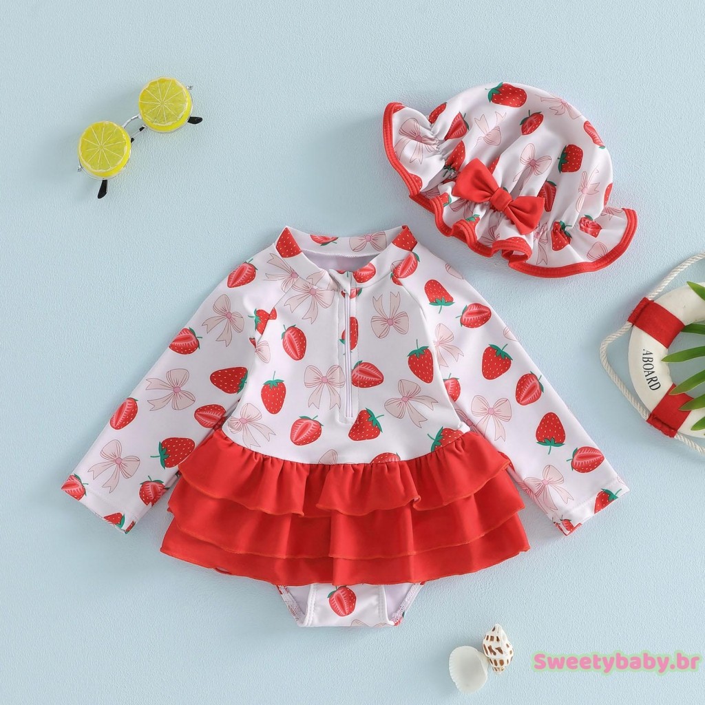 Maiô Infantil Feminino Rash Guard Com Estampa De Laço De Morango E Manga Comprida Chapéu
