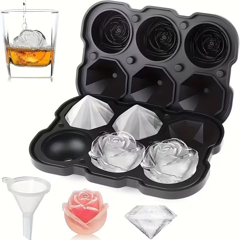 Bandeja De Cubos De Gelo Em Forma De Rosa Diamante 3d Silicone Reutilizável Para Cocktails