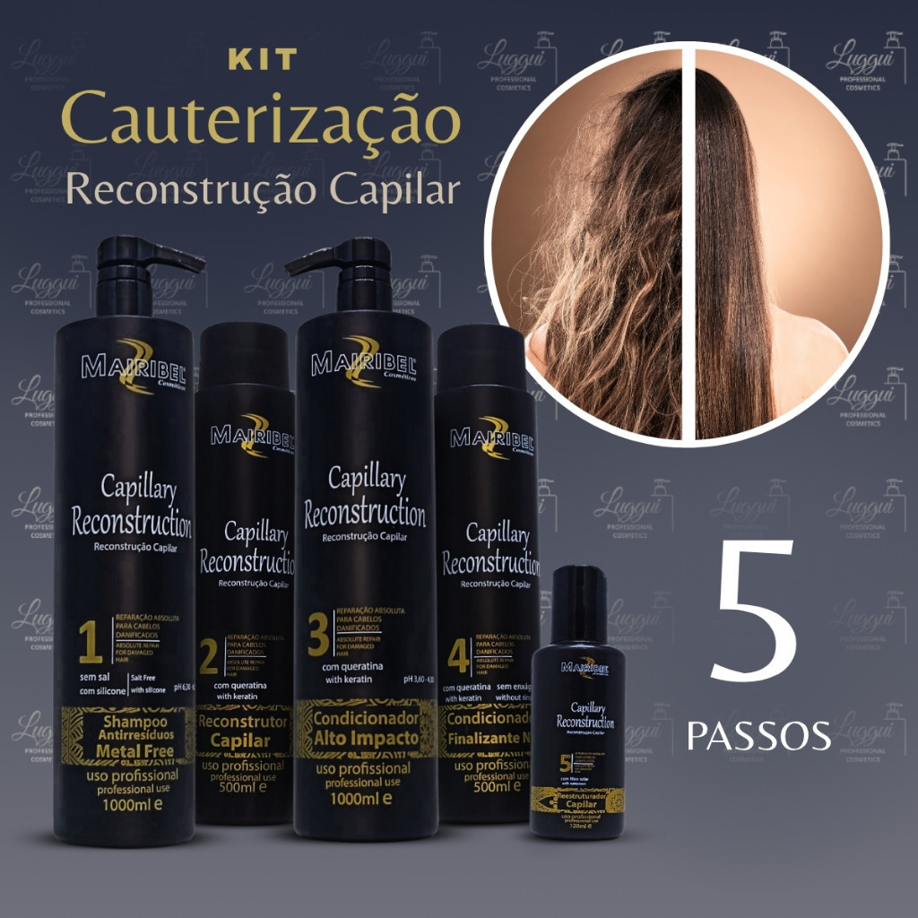 Kit Cauterização Reconstrução Capilar Mairibel - Shamp Anti resíduo, Keratina, Máscara, Creme, Sérum