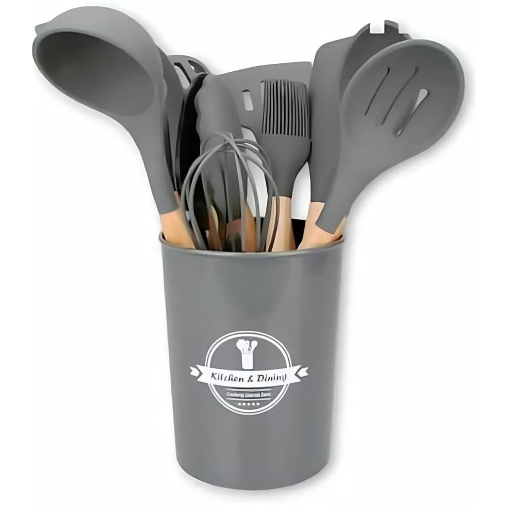 Kit C/12 Peças Utensílios De Cozinha Colheres Espatula Silicone Cabo Madeira Decoração Livre BPA