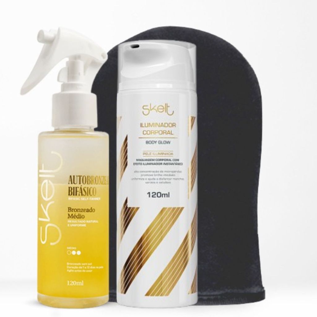 Kit Autobronzeador Bifásico Skelt + Iluminador Corporal + Luva Aplicadora em Oferta na Shopee