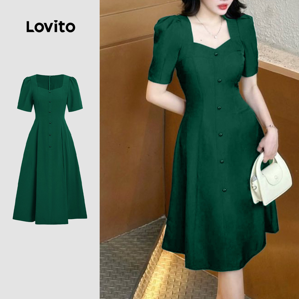 Lovito  Vestido Preto Primavera/verão com Zíper e Botões para Mulheres L172LD682 em Oferta na Shopee