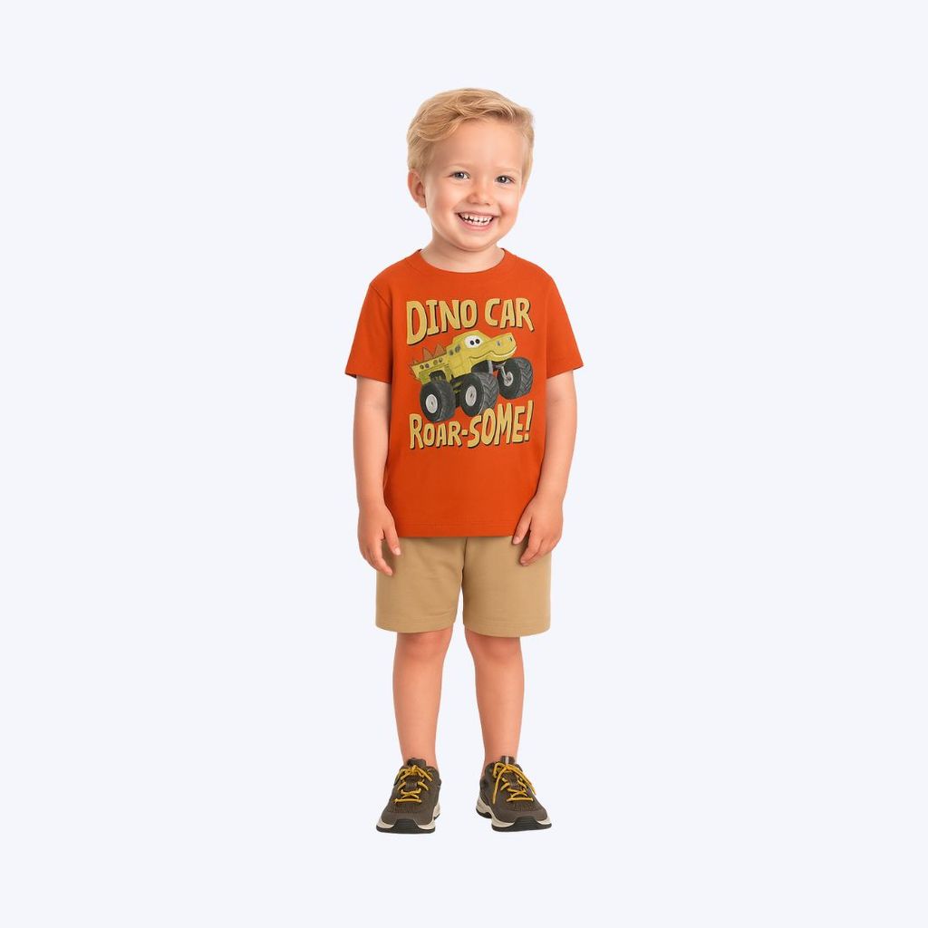 Conjunto Camiseta Manga Curta Dino Car E Bermuda Moletinho Infantil Menino Brandili 26675 Laranja