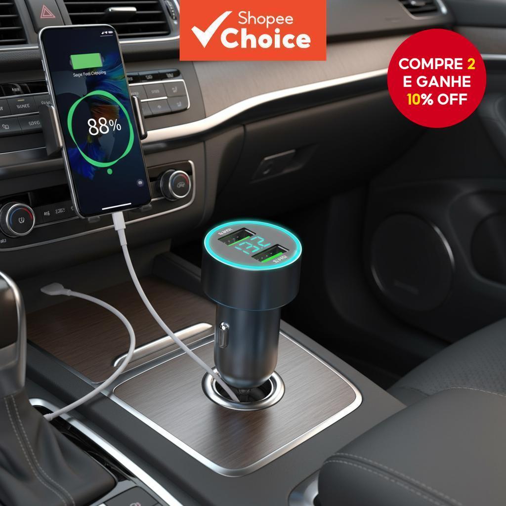  Carregador de carro com 2 portas USB de 240W para iPhone, Samsung, Huawei, Xiaomi, com carregamento rápido e display