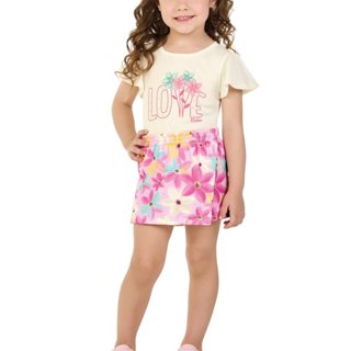CONJUNTO INFANTIL MENINA BLUSA E SHORT-SAIA EM COTTON MAQUINETADO ALEGRIA DE FLORES em Oferta na Shopee