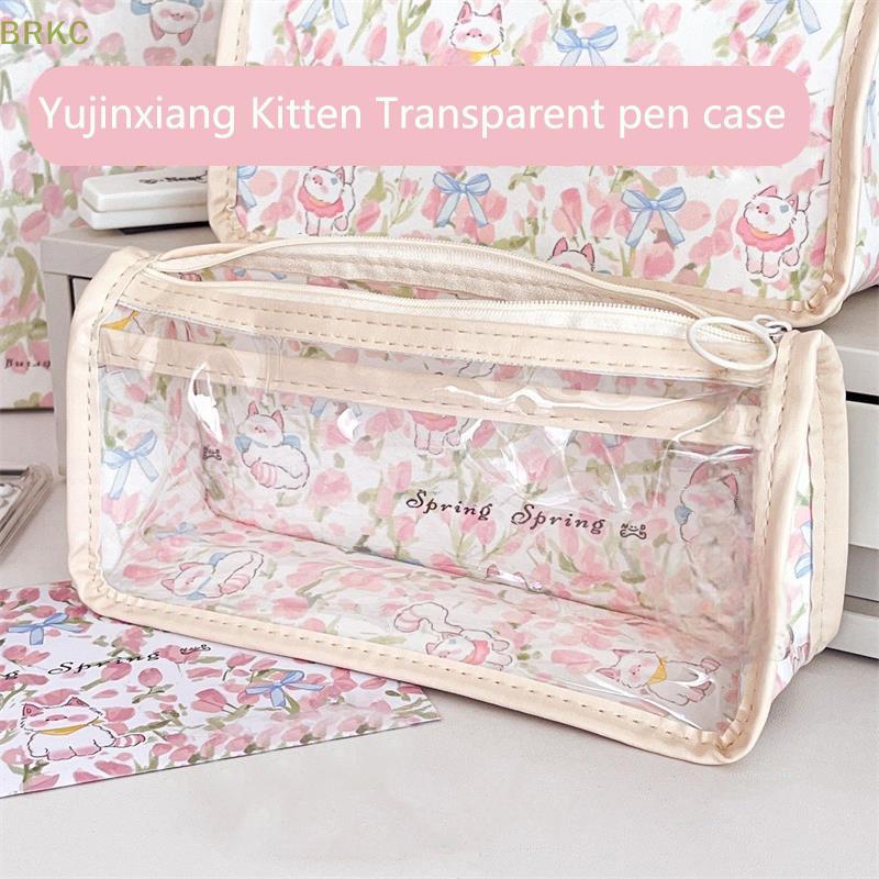 BRKC Bonito Gatinho Rosa Transparente Estojo De Lápis Grande Capacidade Portátil Feminino Bolsas De Maquiagem Estudante