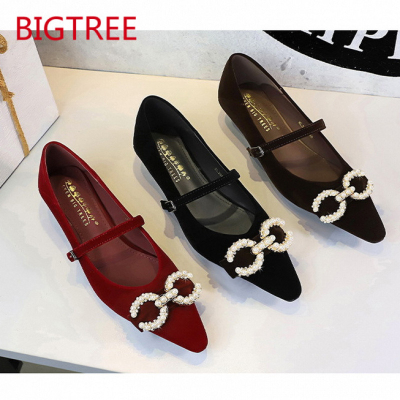 Imagem Sapatos Femininos de Salto Alto BIGTREE Estilo Francês Moda Fivela de Pérola Veludo Bico Fino Boca Rasa 3686-K79