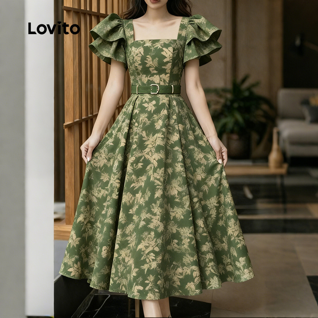 Lovito Vestido Elegante De Festa Com Flores E Babados Para Primavera/verão LK2EDD123 em Oferta na Shopee