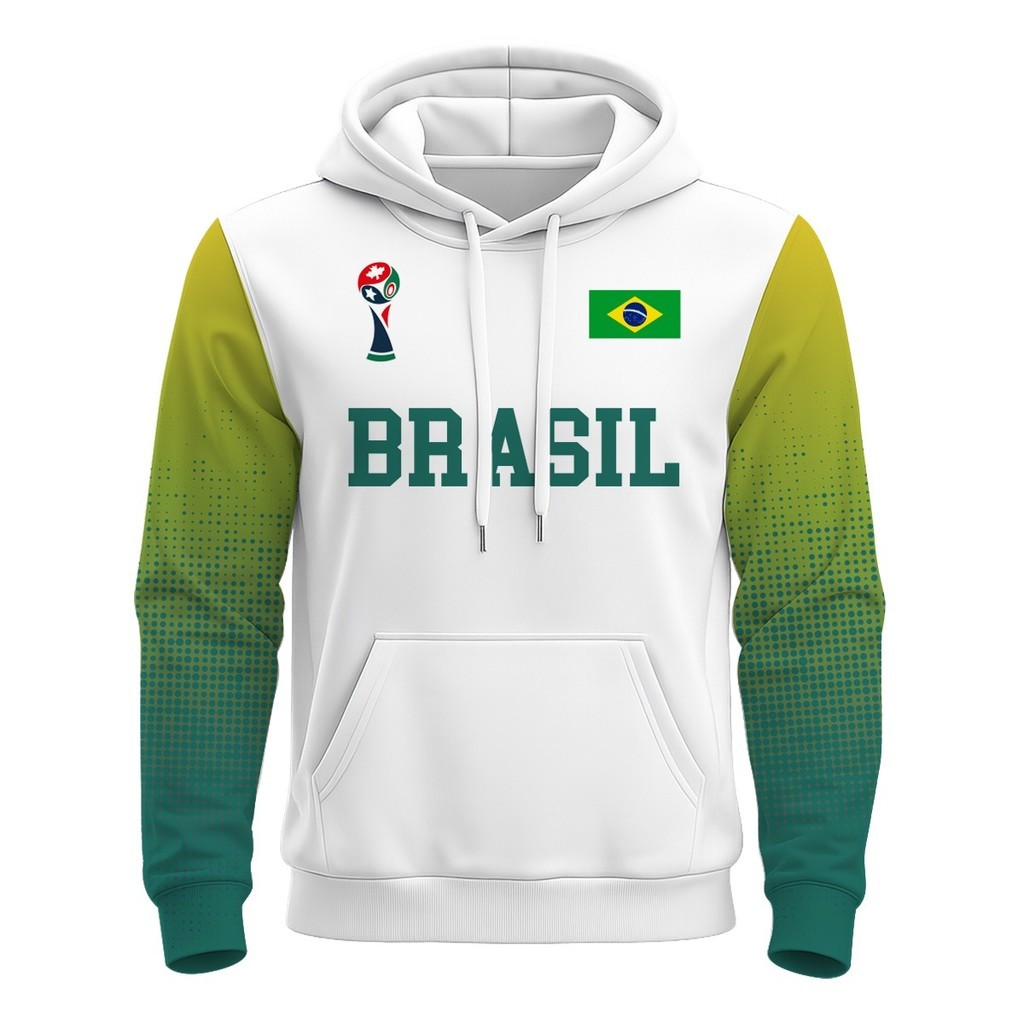 Moletom Masculino 3D Poliéster Blusa Frio Futebol Copa Brasil Mundial Estampa Verde Branco Bandeira Full