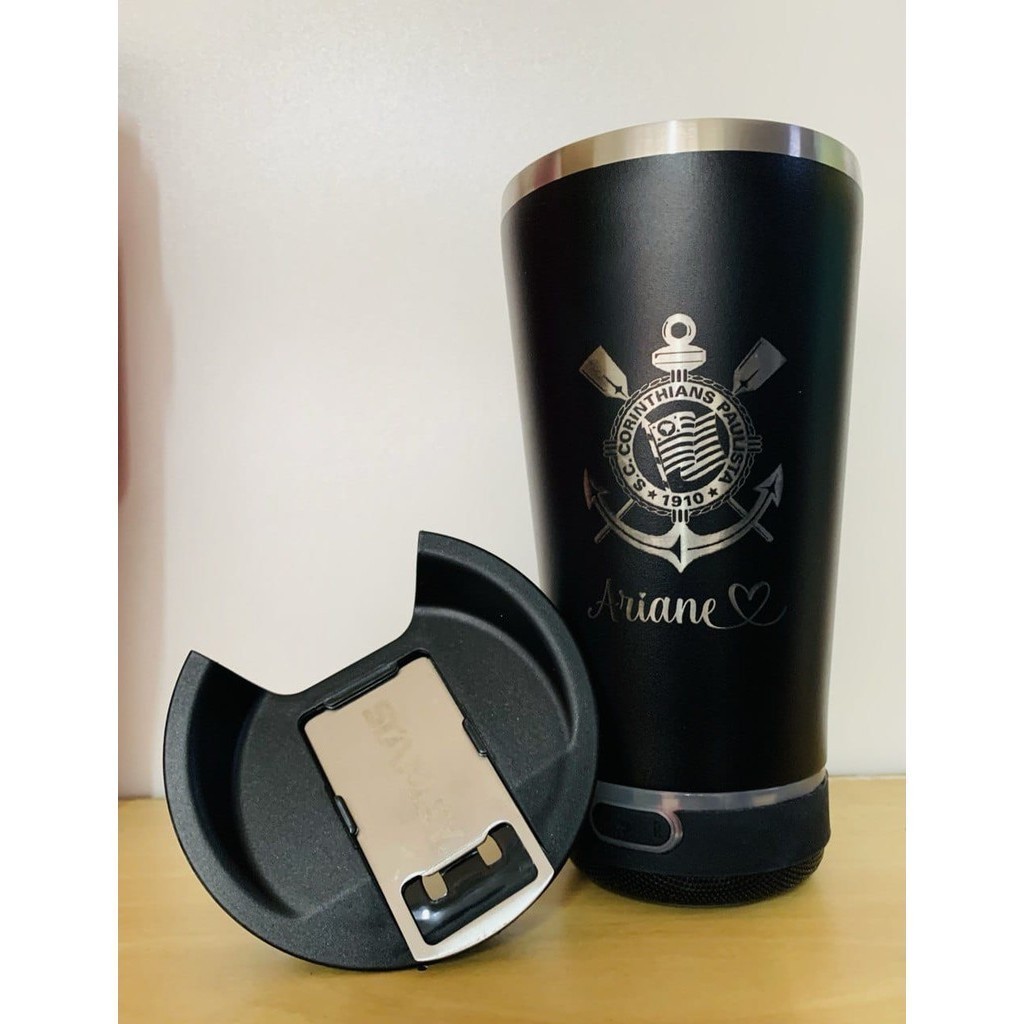 Copo térmico Personalizado inox com tampa abridor e caixa de som com bluetooth Led 420ML em Oferta na Shopee
