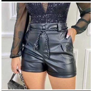 shorts de couro feminino com cinto de cordão tendencia em Oferta na Shopee