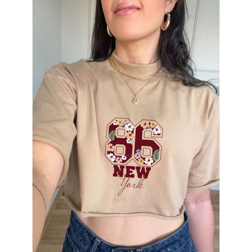 Cropped Camiseta Tshirt Estilosa Tendência New York 86 Blusa Oversized Feminino Passeio Estilosa Academia