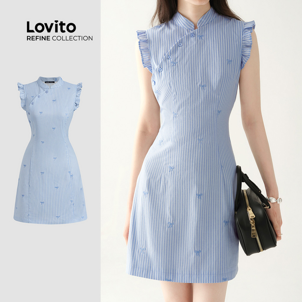 (Refine by Lovito) Vestido Fofo com Botões Assimétricos para Primavera/verão Vestido Azul para mulheres LR21A687 em Oferta na Shopee