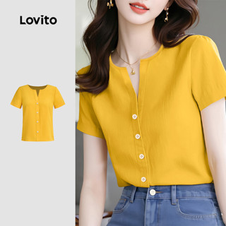 Lovito Blusa Elegante Textura Botões Frontais Estilo Simples Cor Amarelo Claro Primavera/verão Para Mulheres L143ED016 em Oferta na Shopee