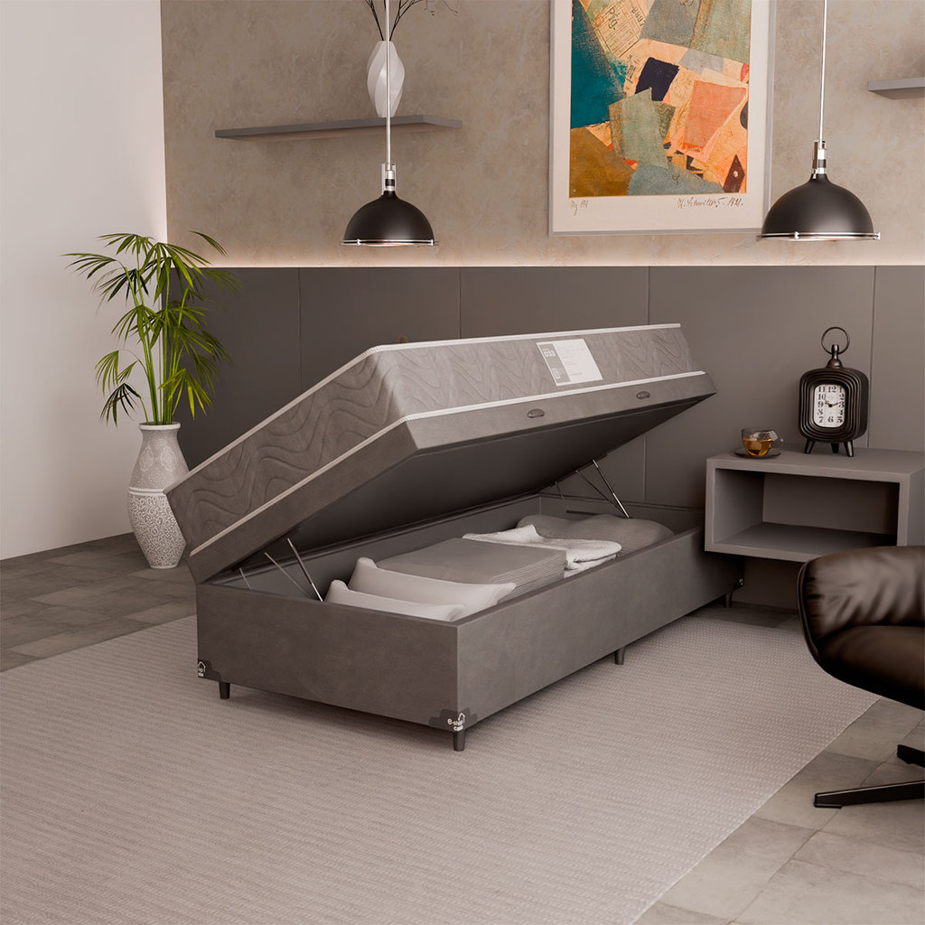 Cama Box Baú Solteiro + Colchão D33 One Face - Suede cinza - e-Shop Cas