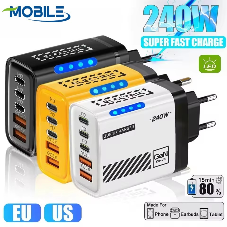 Carregador De Alta Velocidade De 240 W Com Chip Inteligente , Portas USB Duplas Para 5 Dispositivos , Material PC + ABS 