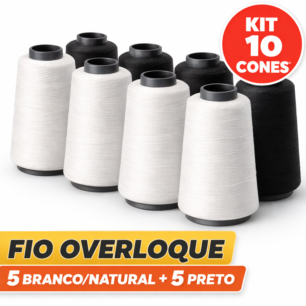 Fio Overloque FortFio Kit 10 Cones – 5 Branco/Natural + 5 Preto Alta Resistência Industrial