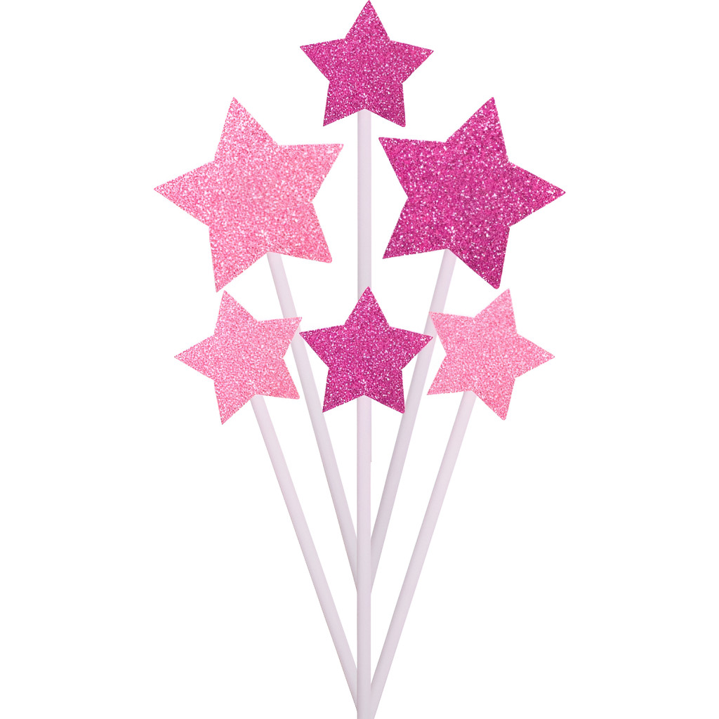 Topo Topper De Bolo Estrela Rosa Pink 6 Pc Eva Glitter 15 Cm