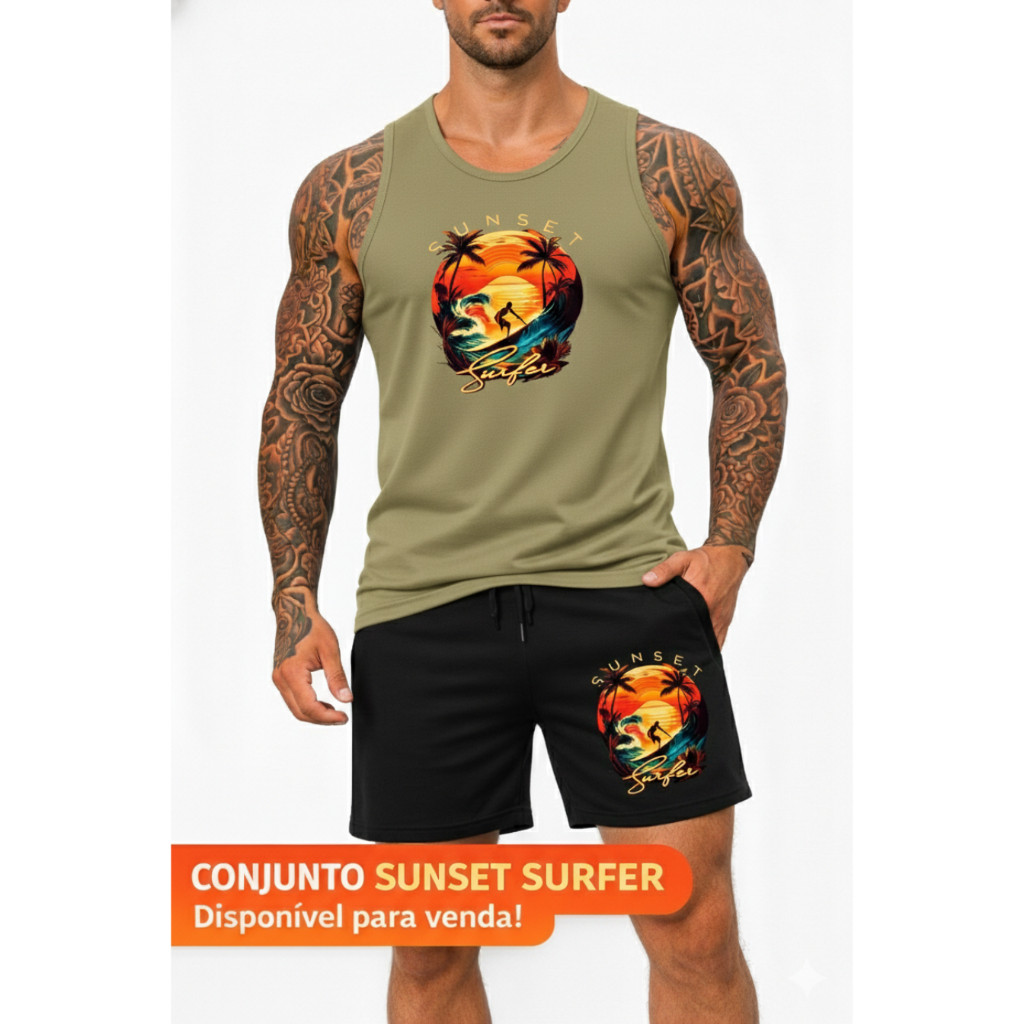 Kit Conjunto Sunset Fio 30.1 Regata e Bermuda Moletom PREMIUM Confortável Lançamento Toque Macio Envio Imediato