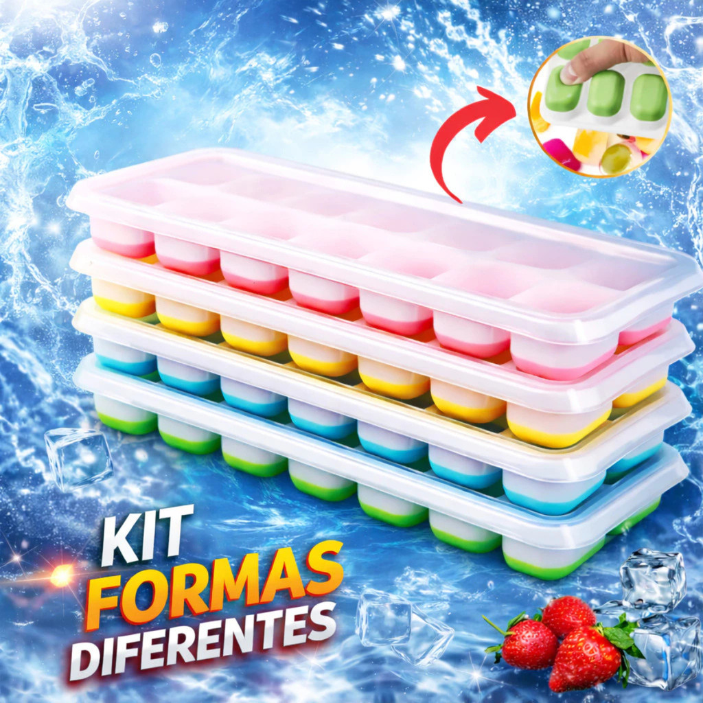 Kit 4 ou 2 Formas De Gelo Fundo Silicone Cubo Com Tampa Rígida Flexível BPA Free 14 Cubos Frutas
