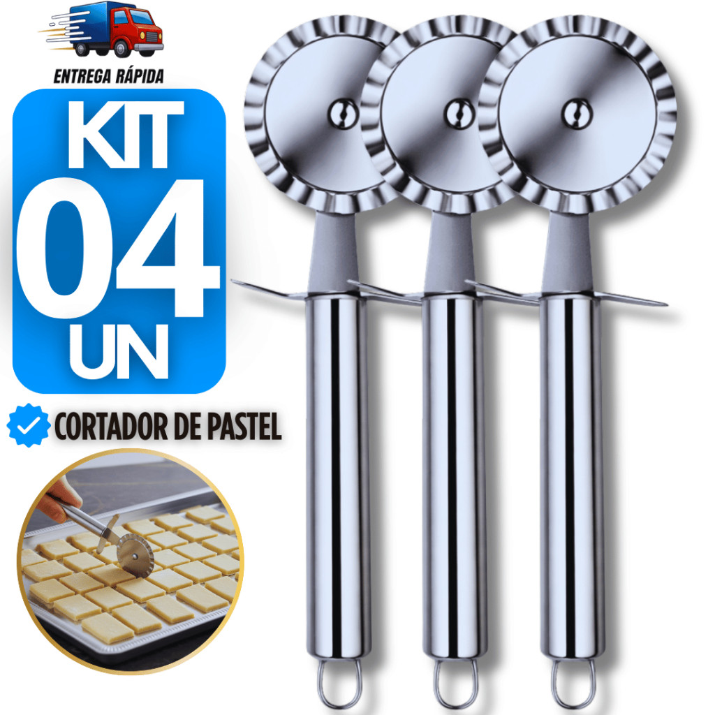 KIT 04 Carretilha Cortador Para Fechar e Cortar Massas Pastel Pizzas Em Aço Inox Premium Utilidades
