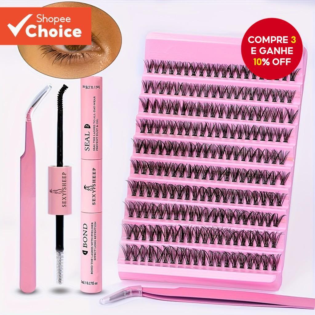 Kit De Extensão DIY Eylash 200 Unidades D Curl , 8-16 Mm , Com Adesivo E Selante Ferramenta Aplicadora