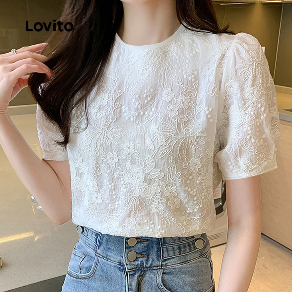 Lovito Floral Elegante Blusa com Bordado em Tule e Jacquard Primavera/verão Branca para Mulheres L138ED252 · foto 2