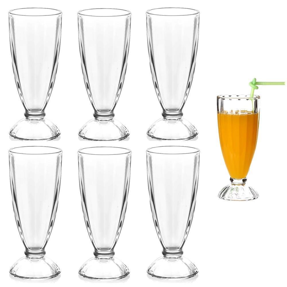 Jogo Taca Copo De Vidro Para Suco Milk Shake Kit 6 Peças Sobremesa E Sorvete Alta Grande Retro 360ML