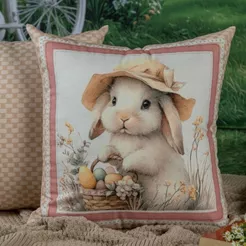 Capa para Almofada de Páscoa Premium - Coelhinho Chapéu e Cesta de Ovos - Tons Pastéis - 43x43cm - 1 unidade - Rizzo