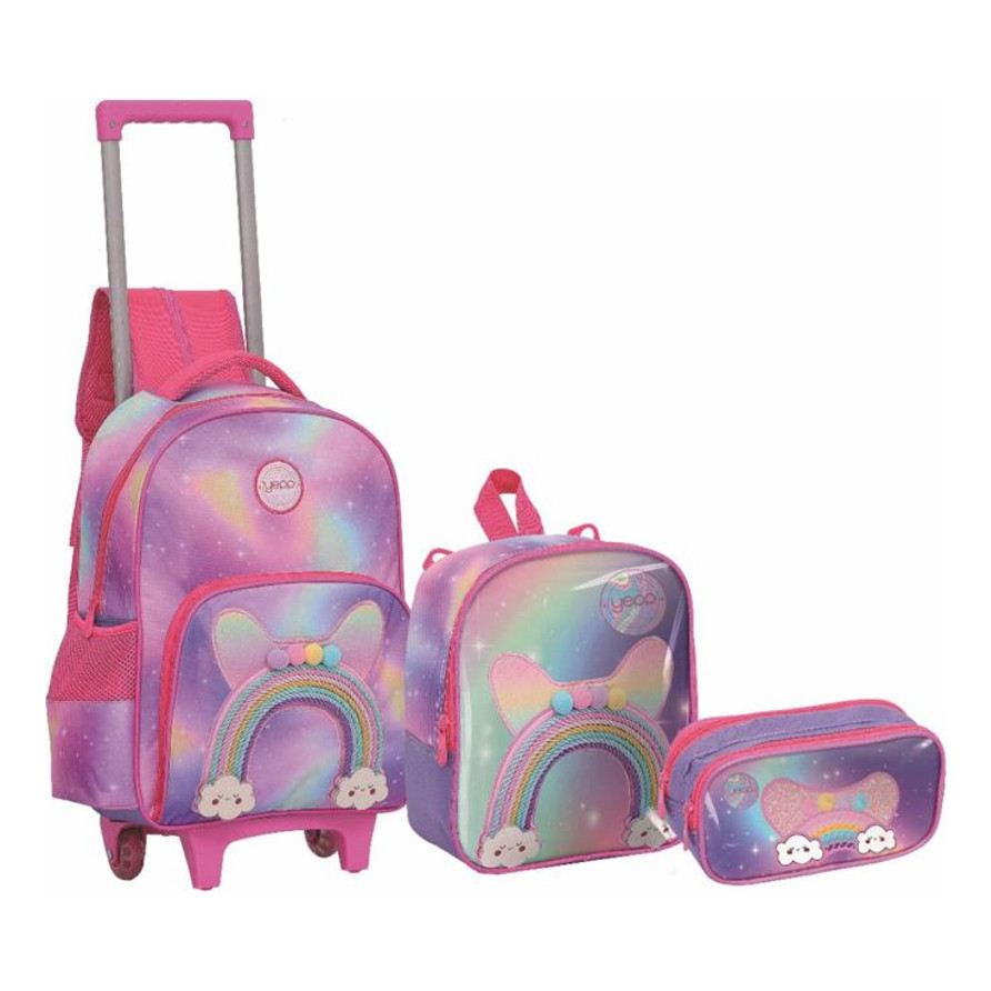 Kit Mochila De Rodinha Escolar Meninas Arco Iris Rosa Yepp