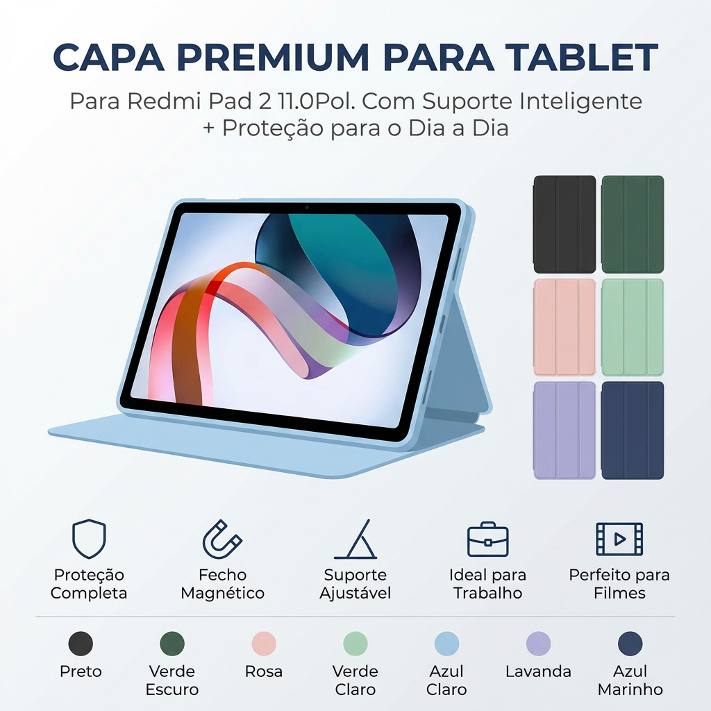Capa Magnética Inteligente com Tampa e Porta-Caneta p/ Tablet Xiaomi Redmi Pad 2 11" (2025) | Sleep/Wake Automático