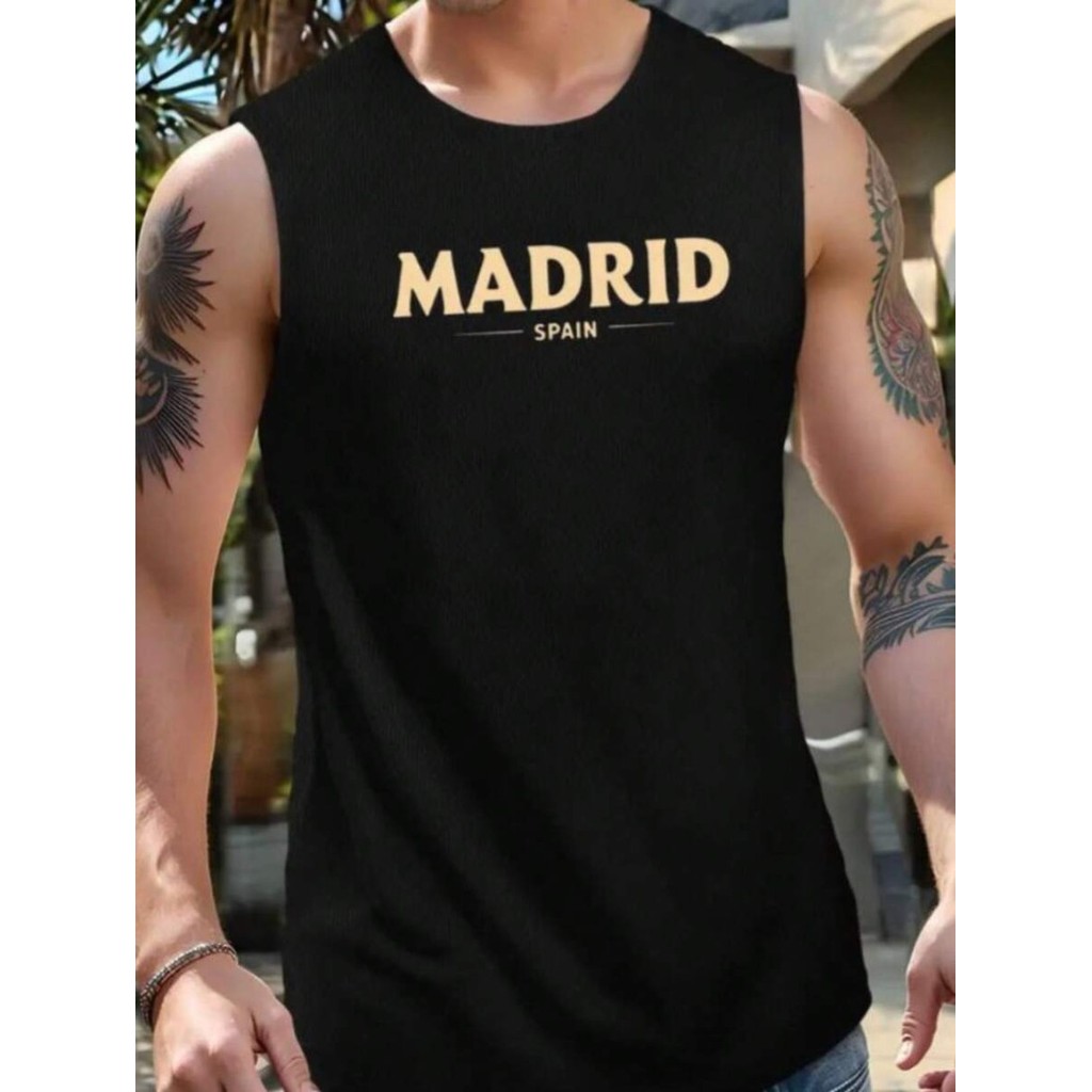 Camiseta Regata Madrid Estampada Bandeira Camiseta Cavada Masculina 100% Algodão Streetwear Verão