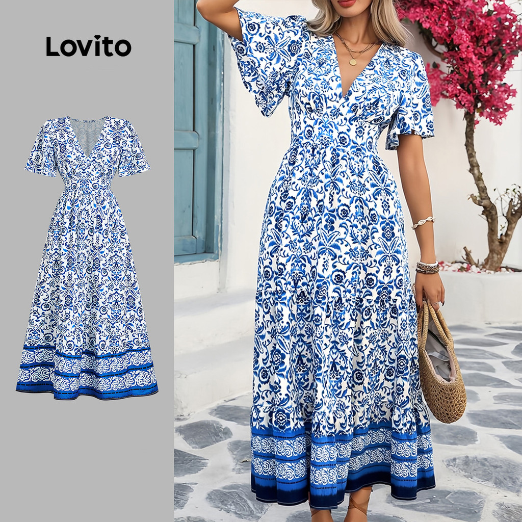 Lovito  Vestido Casual Espartilho com Zíper Bainha Babado Primavera/verão Azul para Mulheres LBL32183 em Oferta na Shopee