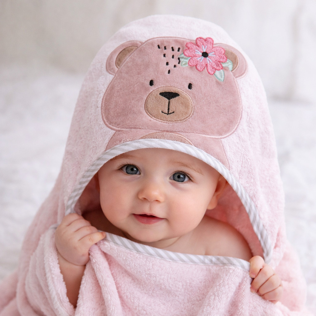 Toalha de Banho Capuz Bordado Ursa Rosa 90x70 cm Felpuda Algodão Enxoval Bebê Menina Infantil grande