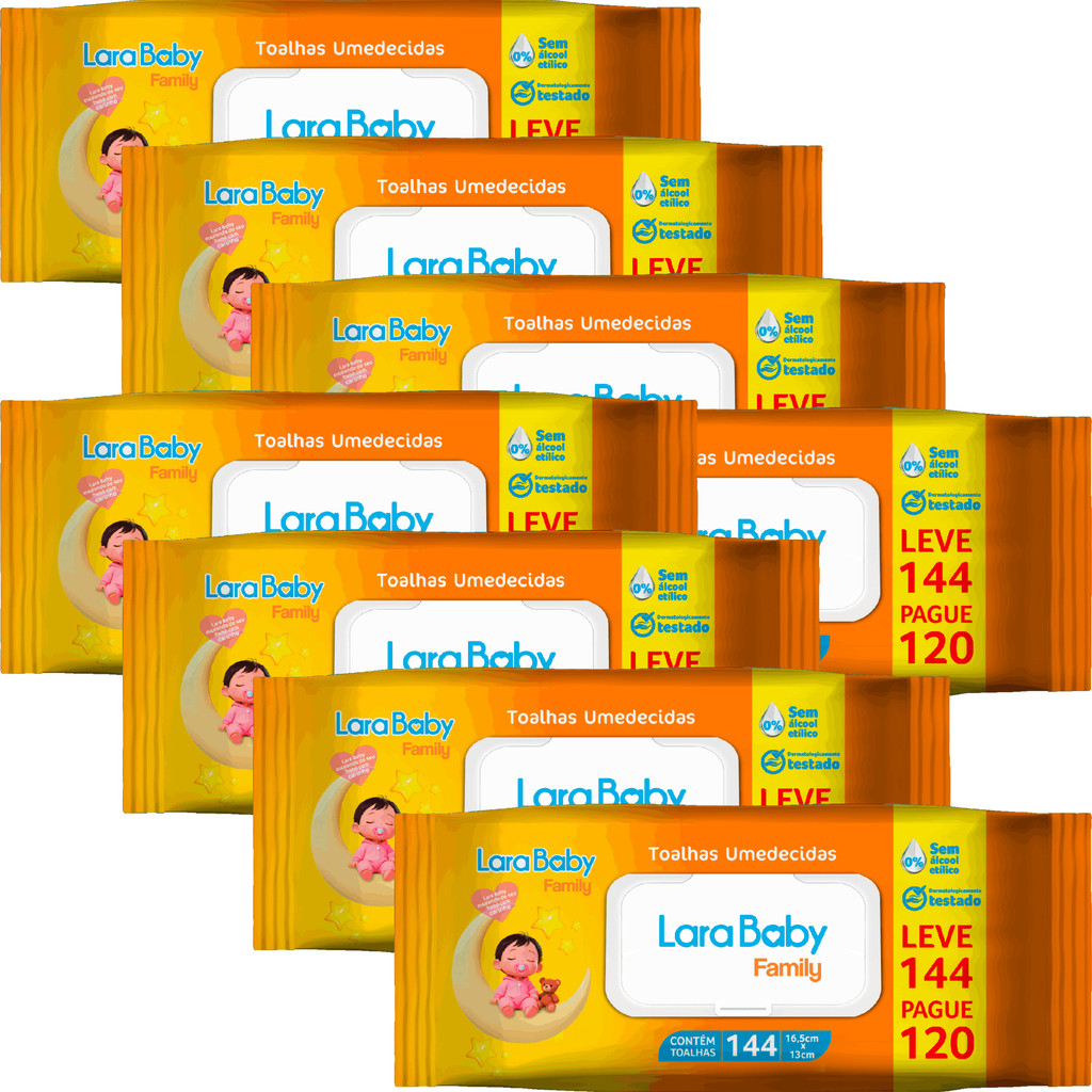 Kit C/8 Lenço Umedecido Lara Baby Family 144 Unidades Total 1152