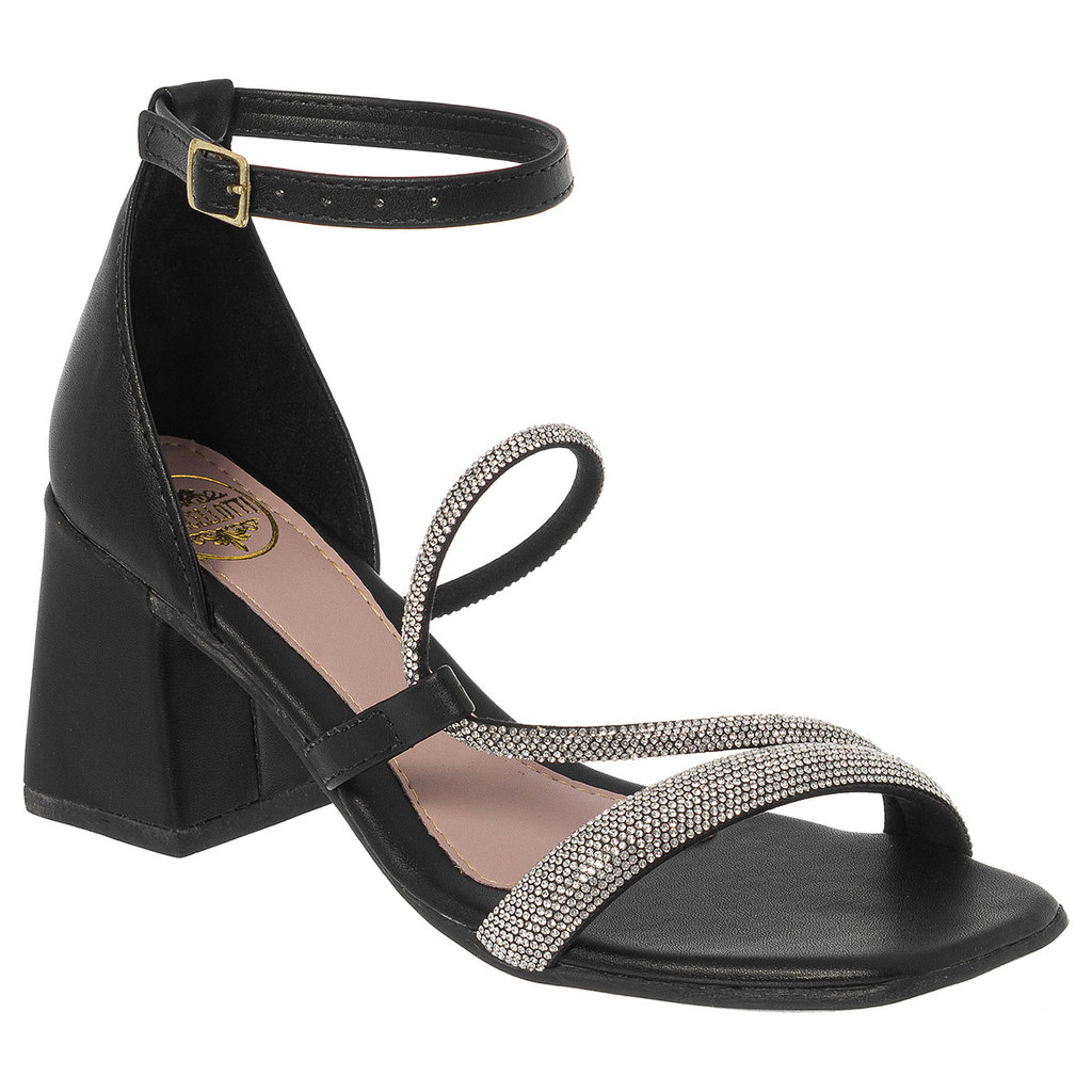 Sandália Feminina Salto Bloco com Strass em S  Elegância e Conforto em Oferta na Shopee