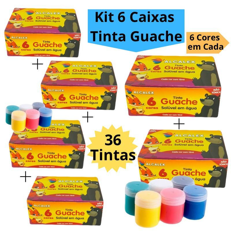 Kit 6 Caixas Tinta Guache 15ml Caixa Com 6 Cores Diferentes  Alcalex em Oferta na Shopee