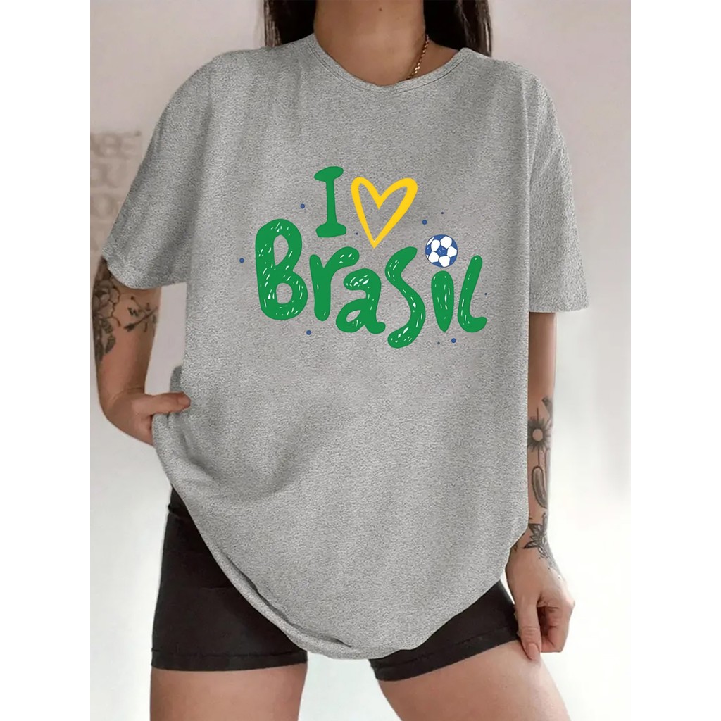 Camiseta Feminina de Futebol do Brasil - Estampa de Futebol Brasileiro Eu Amo o Brasil  Casual e para Torcedores