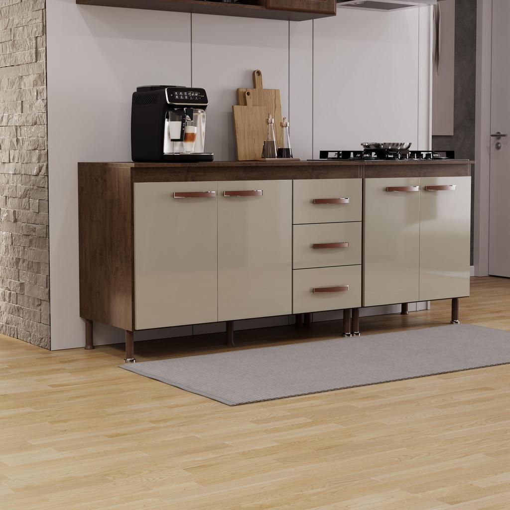 Kit 2 Balcões Modulados Gabinete Pia 120cm e Cooktop 70cm Com Tampo Lisboa Fidelitá Noce/Off-White em Oferta na Shopee