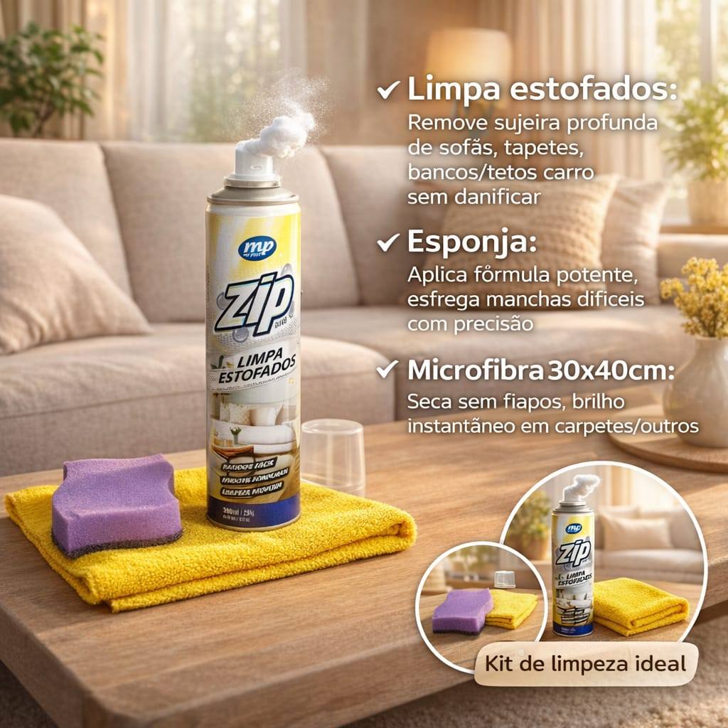 Limpa Estofados Spray Zip Clean 300ml/251g + Esponja + Pano de micofibra 30x40