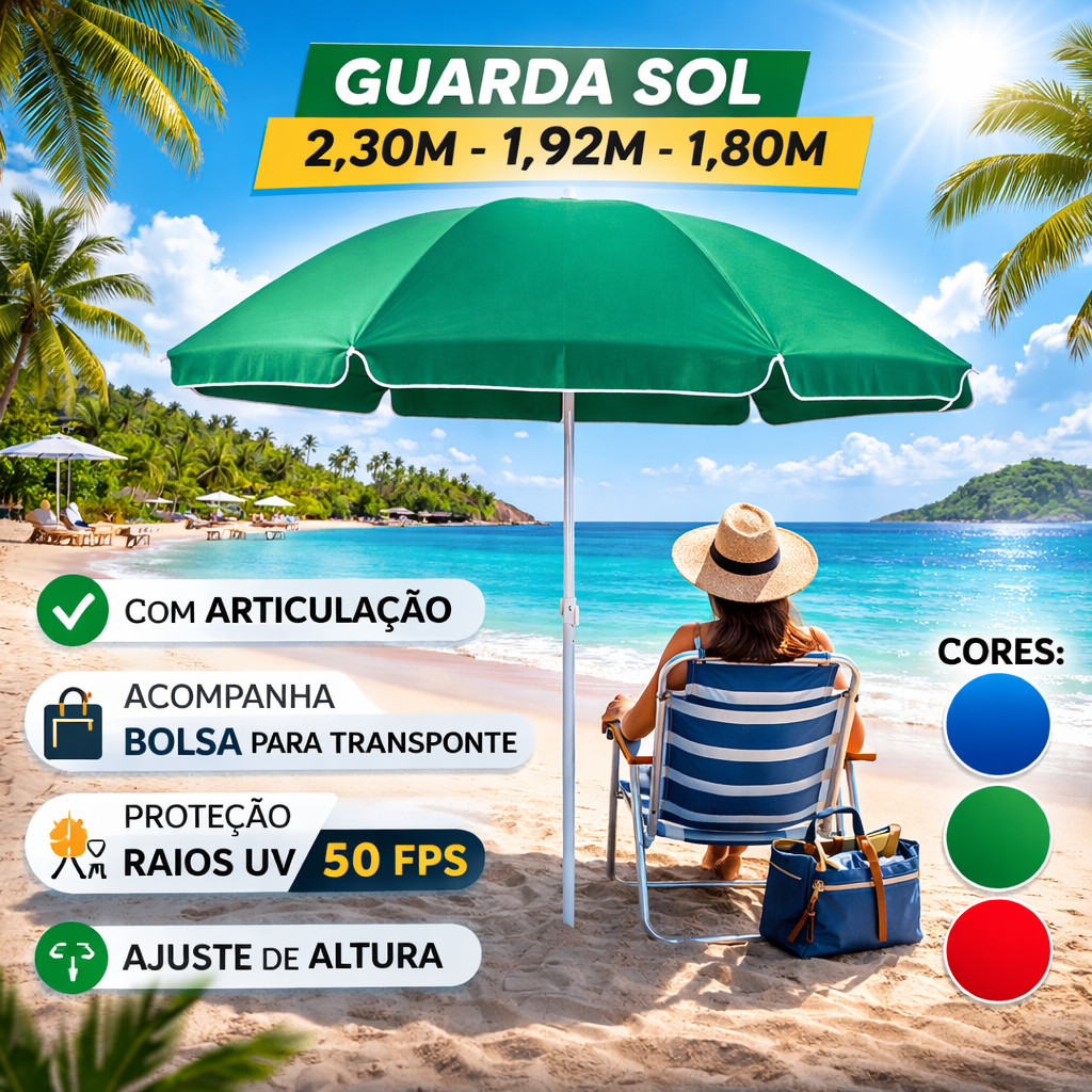Guarda Sol Gigante +Bolsa 2,30 e 1,92 Metros Articulado Proteção UV Grande Praia Verão Piscina Jardim 50 FPS 240m Grande