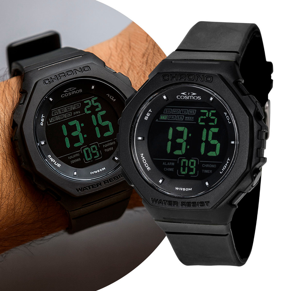 Relógio Masculino Digital Preto de Pulso com Pulseira de Silicone à Prova D Água Shock Militar Tático Cosmos Original