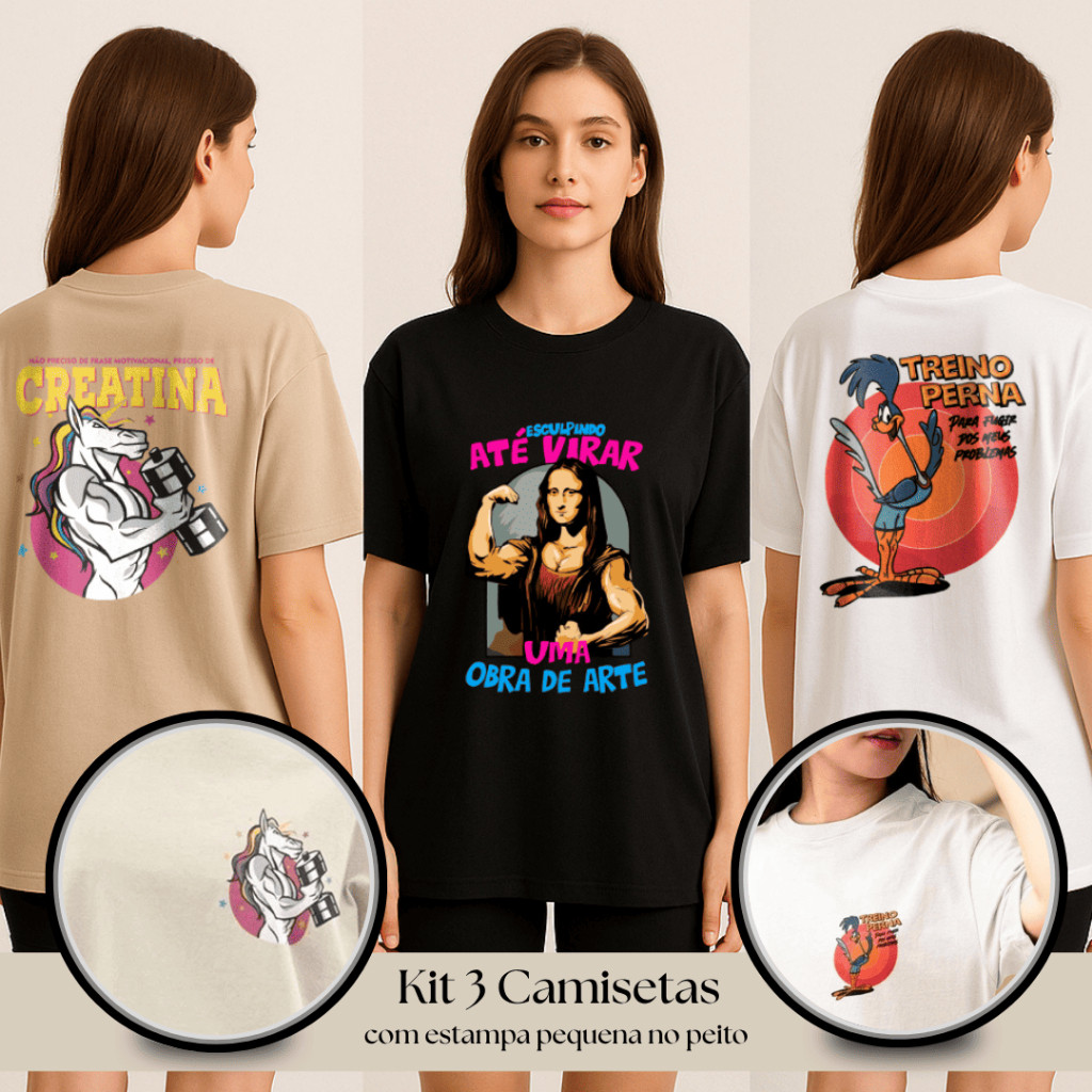 Kit 3 Camisetas Femininas Conjunto de Academia Oversized 100% Algodão Camiseta Larga
