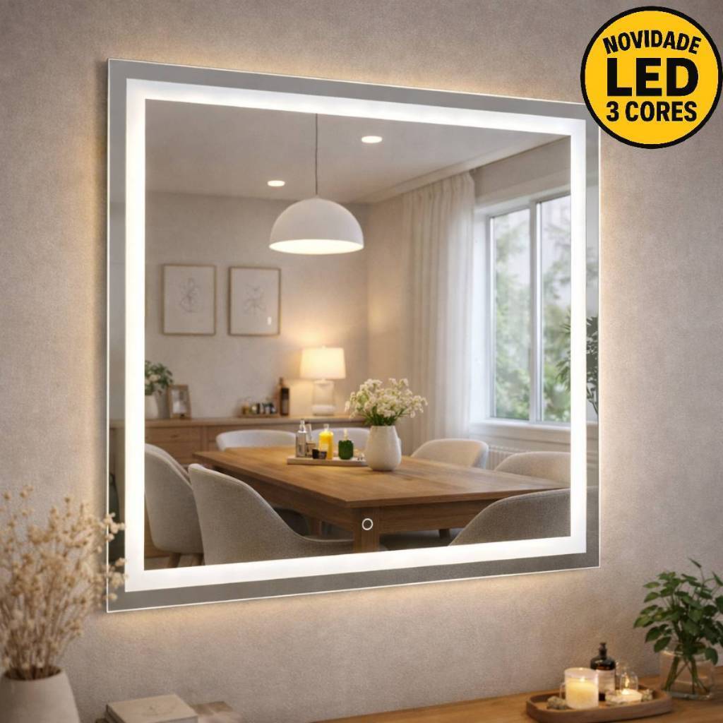 Espelho Quadrado Jateado com LED 3 Cores e Touch para Banheiro Maquiagem Camarim