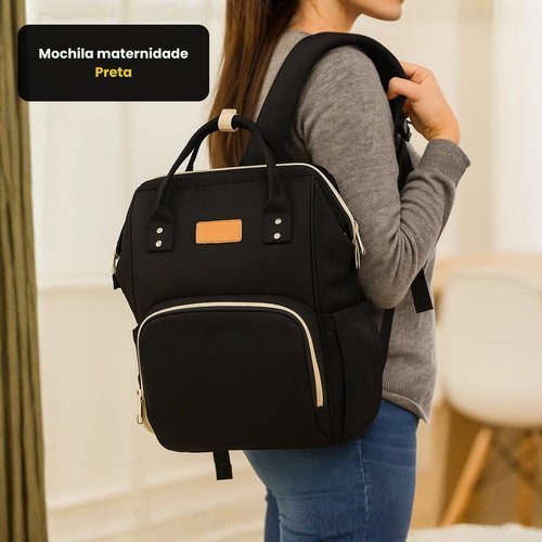 Mochila Maternidade Grande Bolsa Bebê Preta Compartimentos Sacola Mamadeira Alça Resistente