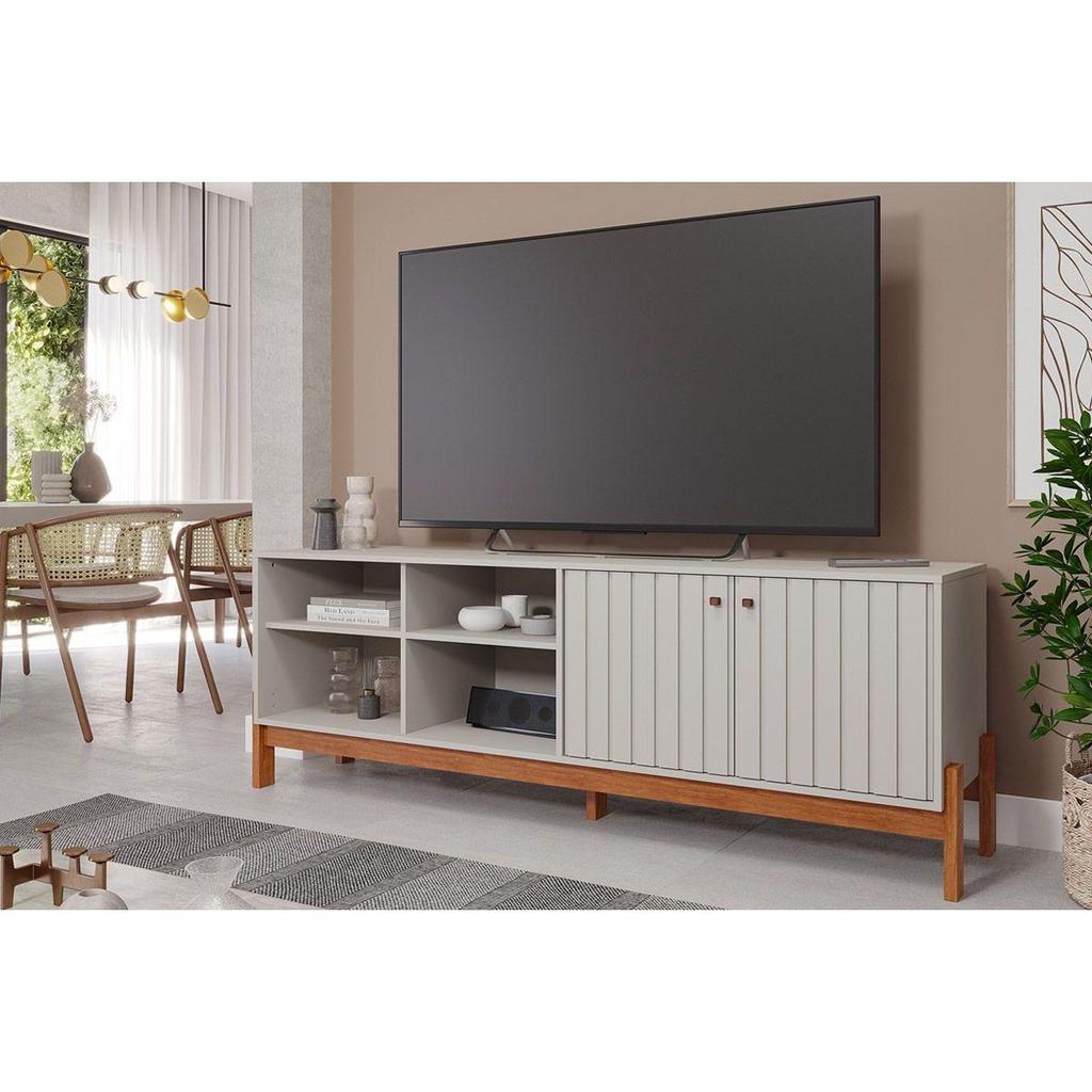Rack Bancada p/ TV até 60 Pol Holanda 1.8 Ripado c/ 2 Porta e 4 Nichos 185cm Off White/Cinamomo - Permóbili em Oferta na Shopee