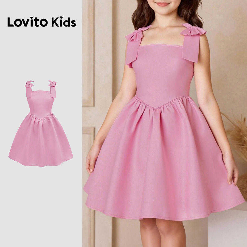 Lovito Kids Elegante Vestido Rosa Primavera/verão com Laço e Estrutura para Menina L174LD135