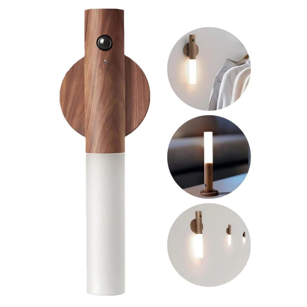 Luminária LED Recarregável Sensor de Movimento Arandela Madeira Magnética Mesa Parede Minimalista LevaVida
