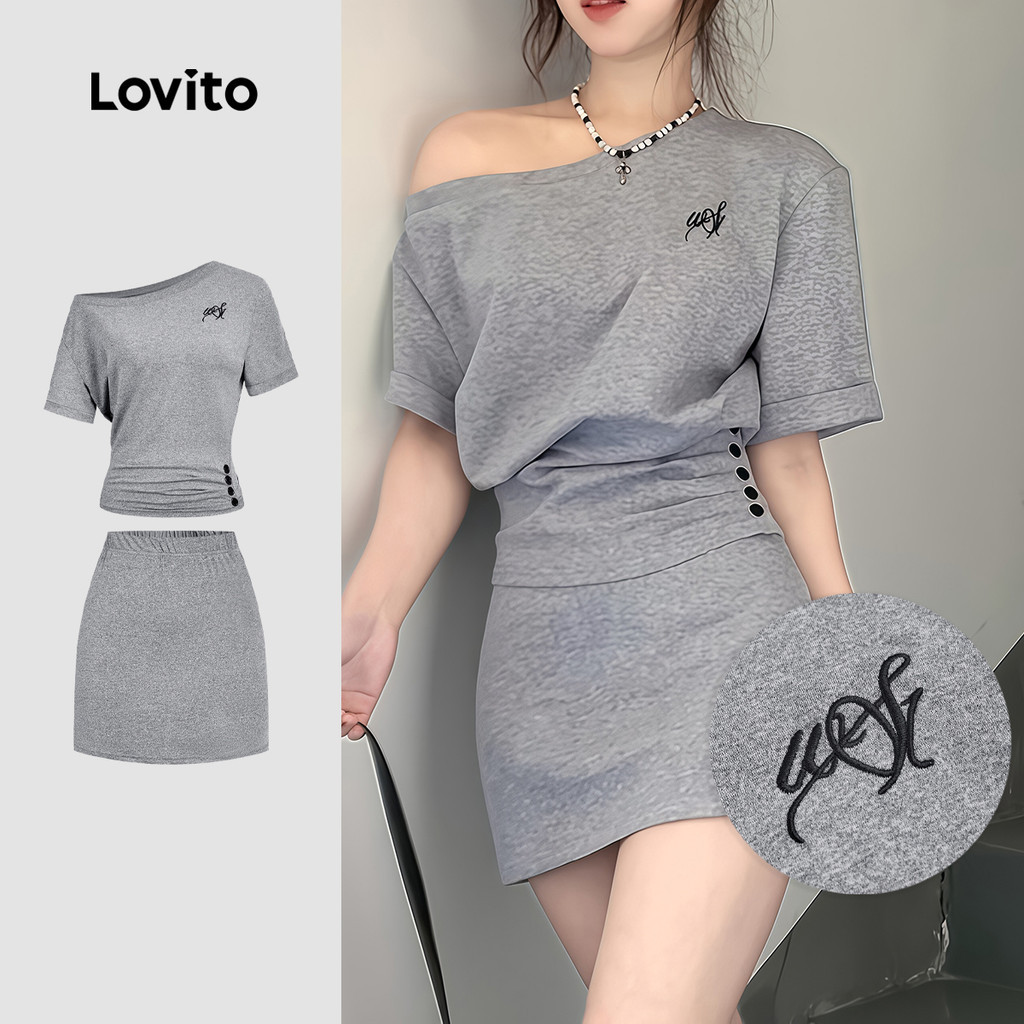 Lovito Casual Conjuntos de Saia de Viagem Primavera/verão Conjuntos de Saia Cinza para Mulheres L177ED1084